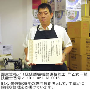 “国家資格　1級縫製機械整備技能士　早乙女一輔　技工士番号　/10-1-021-13-0016/”