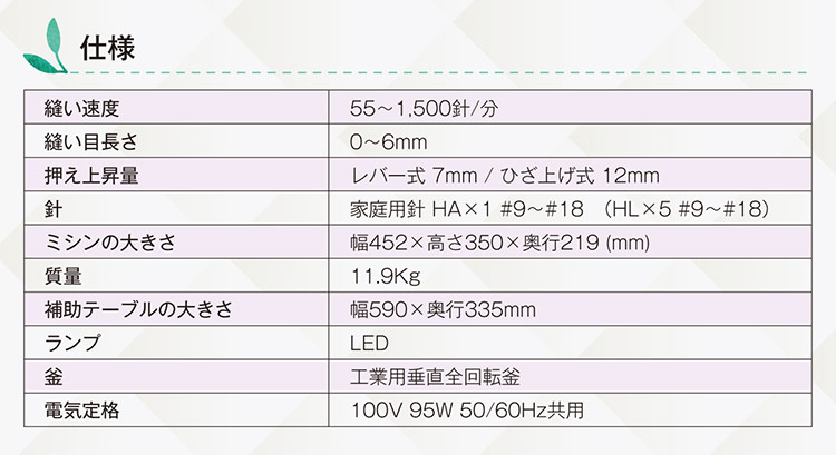 JUKI　直線用本縫いミシン「TL-2200QVP」の仕様