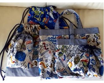 トイストーリーの生地の布地で作った入園グッズ6点