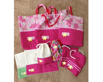 パッチワーク柄と水玉柄の布で作った入園セット