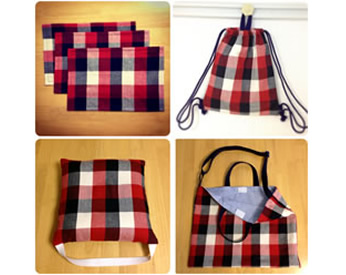 チェック柄の生地で作ったリュックサック、ランチョンマット、ショルダーバッグ