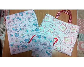 薄ピンクの生地で作った雑巾と手提げ&巾着袋☆