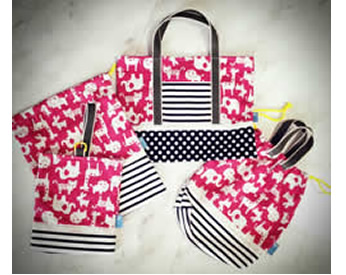 アニマルや水玉柄の生地で作った入園セット4点