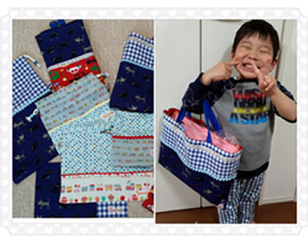 ニャンコ柄の生地で作った入園グッズ♪