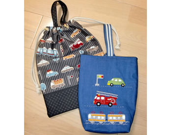 乗り物好きな息子に作った上履き入れと巾着バッグ♪