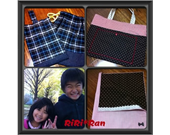 チェック柄や水玉の生地で作った上履き入れとバッグ