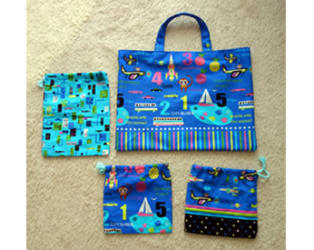 乗り物やアニマルプリントの生地で作った入園セット♪